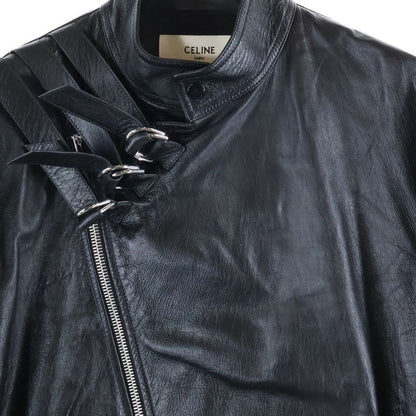 Celine Blouson Sheepskin Double Riders Leather Jacket with Straps Black