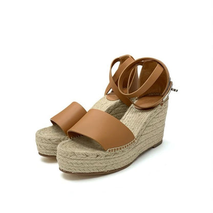 Hermes Tipo Sandals Shoes Leather Brown Silver Kelly Hardware Wedge Sole