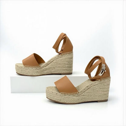 Hermes Tipo Sandals Shoes Leather Brown Silver Kelly Hardware Wedge Sole
