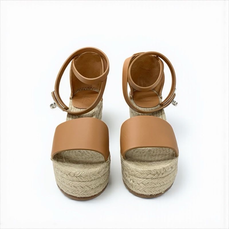 Hermes Tipo Sandals Shoes Leather Brown Silver Kelly Hardware Wedge Sole