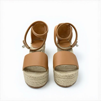 Hermes Tipo Sandals Shoes Leather Brown Silver Kelly Hardware Wedge Sole