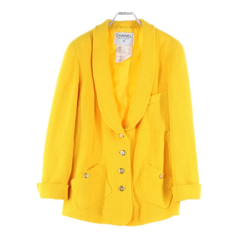 Chanel Coco Mark Button Wool Tweed Shawl Collar 4b Tailored Jacket Yellow