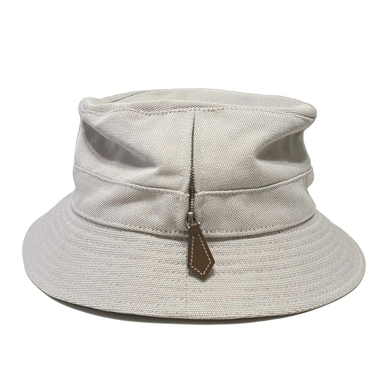 Hermes Hat 57 - White and Beige Ruffled Hat Silver Hardware Cotton
