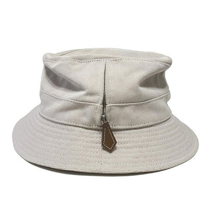 Hermes Hat 57 - White and Beige Ruffled Hat Silver Hardware Cotton