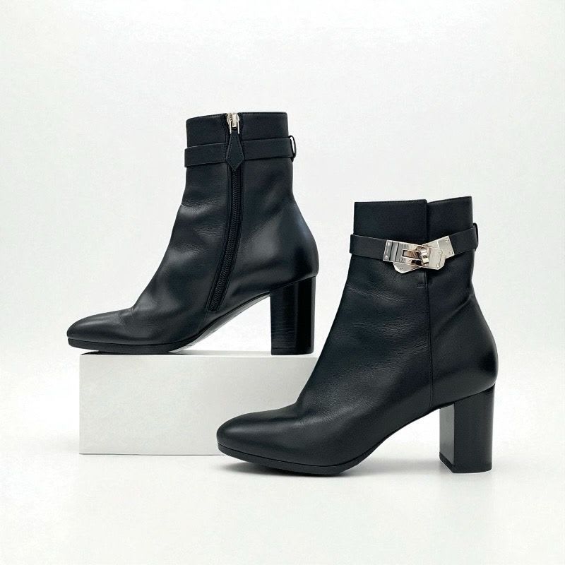 Hermes Saint Germain Boots Short Shoes Leather Black Silver Kelly Hardware