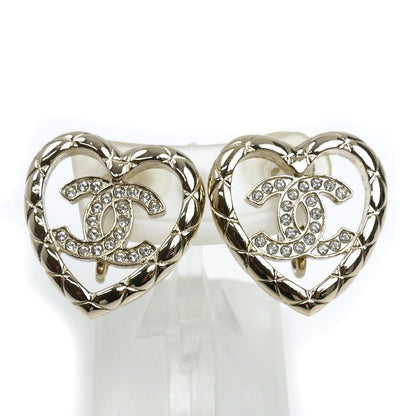 Chanel GP Rhinestone Heart Earrings Ladies Used Excellent Condition