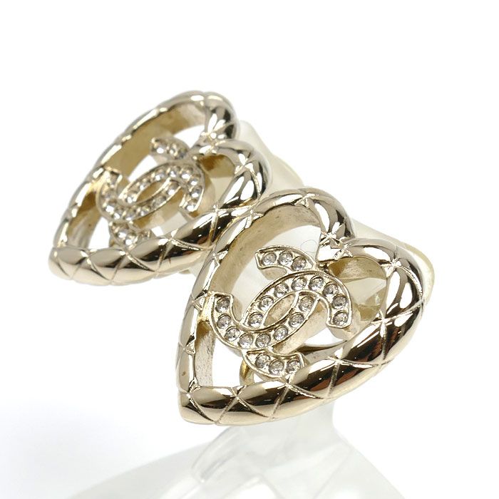 Chanel GP Rhinestone Heart Earrings Ladies Used Excellent Condition