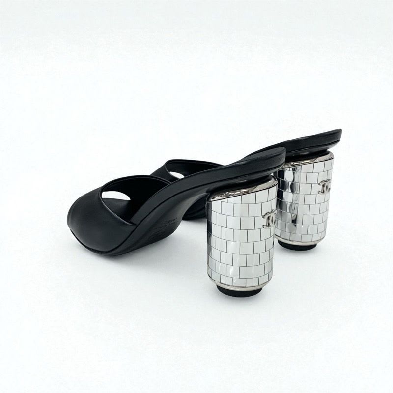 Chanel Sandals Shoes Leather Black Silver Here Mark