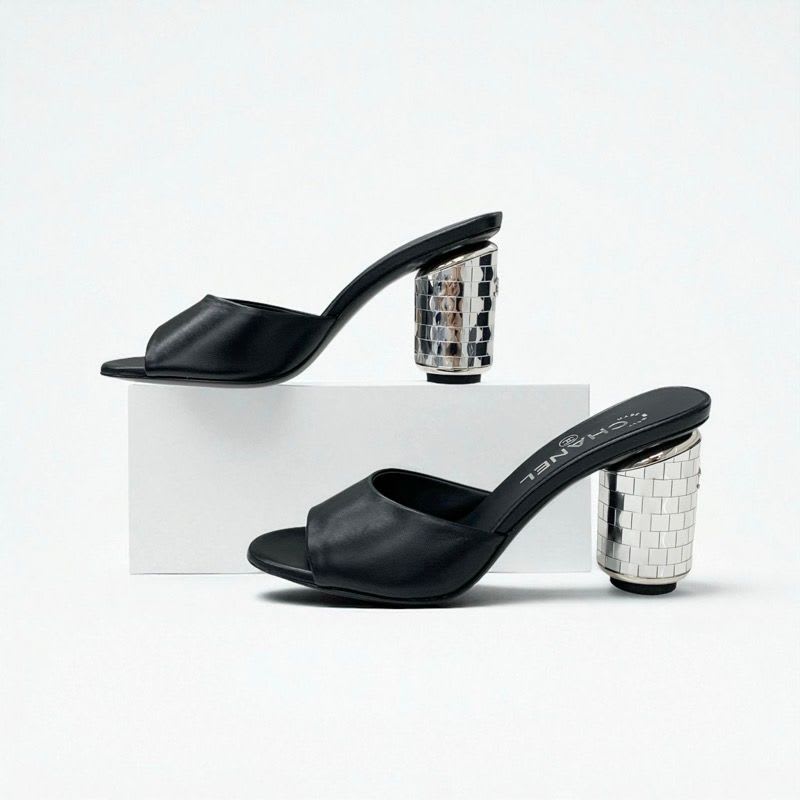Chanel Sandals Shoes Leather Black Silver Here Mark