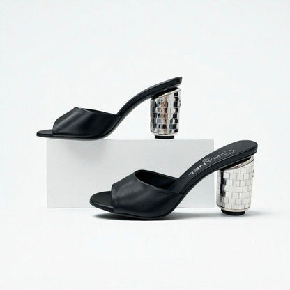 Chanel Sandals Shoes Leather Black Silver Here Mark