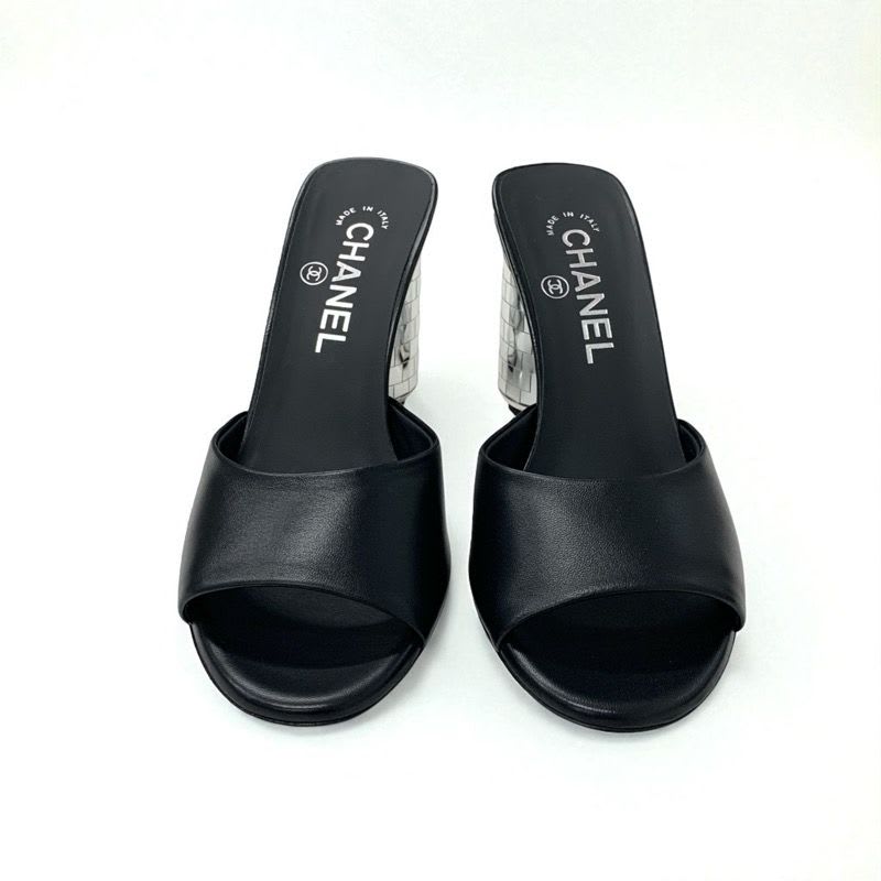 Chanel Sandals Shoes Leather Black Silver Here Mark