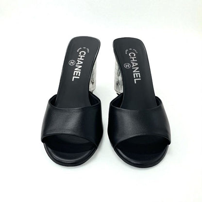 Chanel Sandals Shoes Leather Black Silver Here Mark