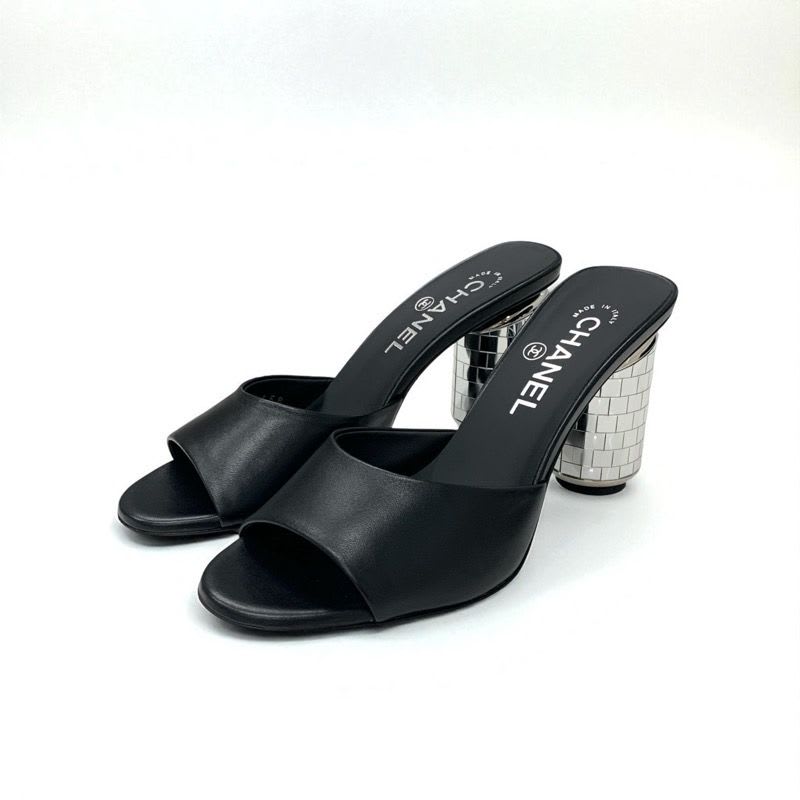 Chanel Sandals Shoes Leather Black Silver Here Mark