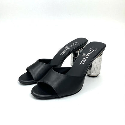 Chanel Sandals Shoes Leather Black Silver Here Mark