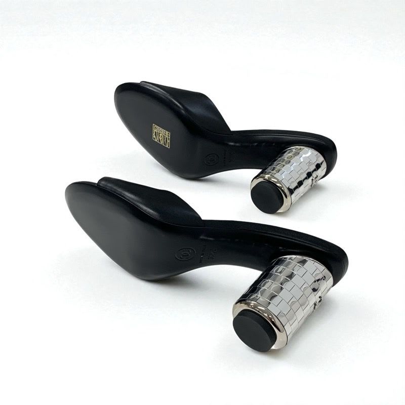 Chanel Sandals Shoes Leather Black Silver Here Mark