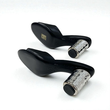 Chanel Sandals Shoes Leather Black Silver Here Mark