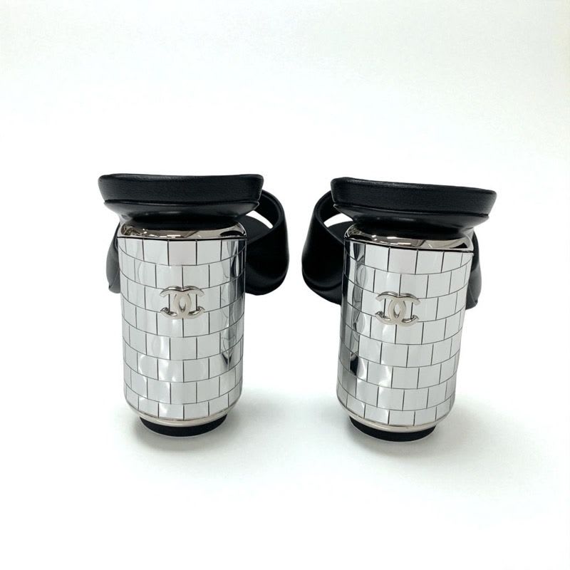 Chanel Sandals Shoes Leather Black Silver Here Mark