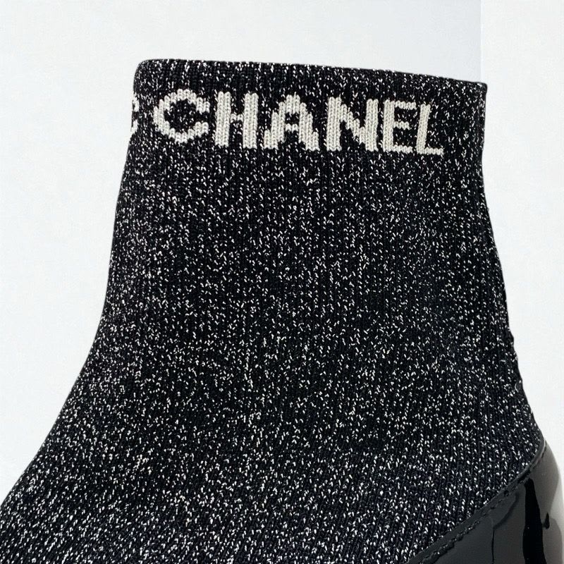 Chanel Boots Short Shoes Patent Fabric Black Silver Coco Mark Lame Sock