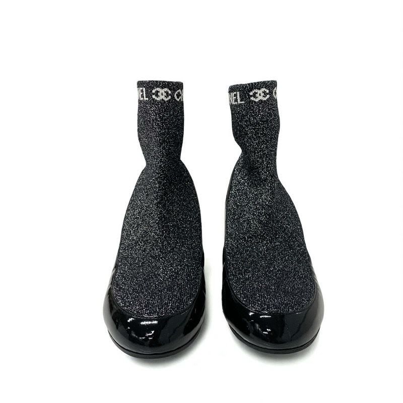 Chanel Boots Short Shoes Patent Fabric Black Silver Coco Mark Lame Sock