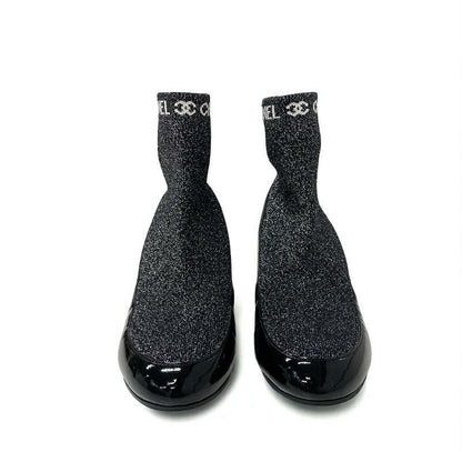 Chanel Boots Short Shoes Patent Fabric Black Silver Coco Mark Lame Sock