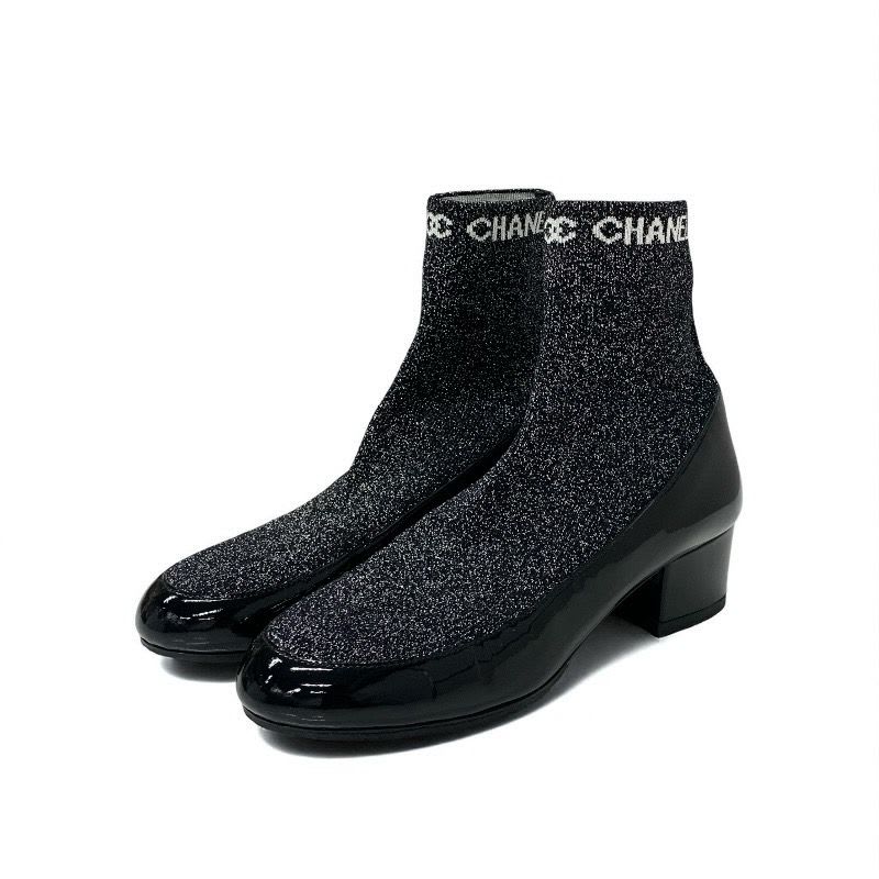 Chanel Boots Short Shoes Patent Fabric Black Silver Coco Mark Lame Sock
