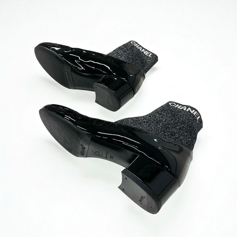 Chanel Boots Short Shoes Patent Fabric Black Silver Coco Mark Lame Sock