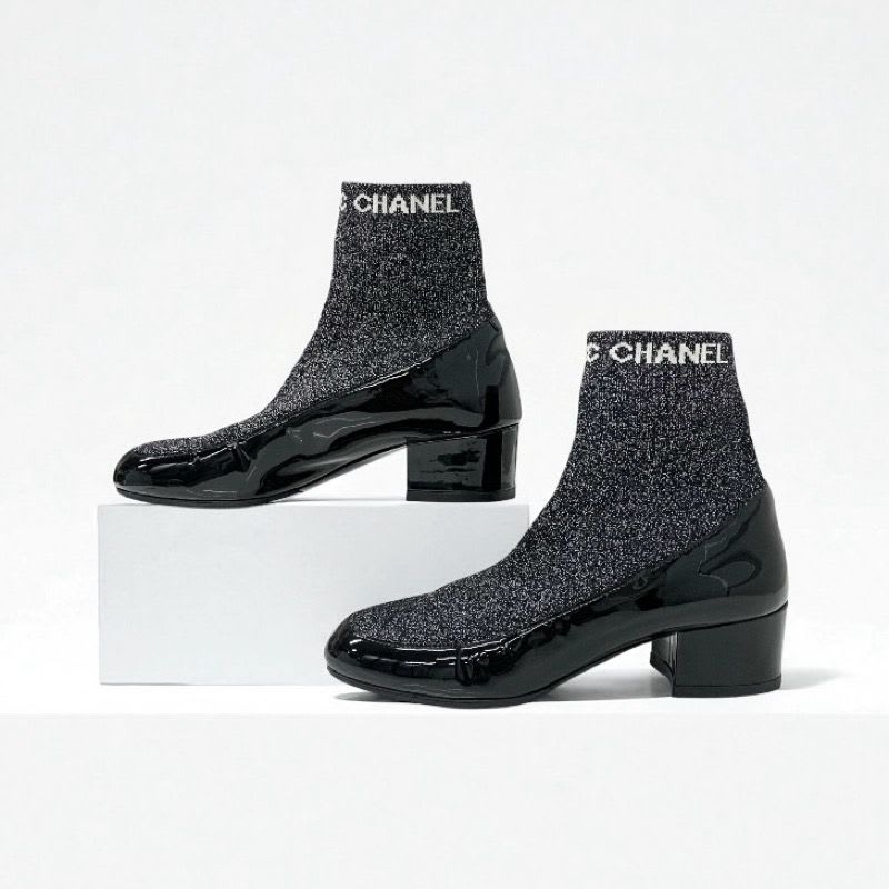 Chanel Boots Short Shoes Patent Fabric Black Silver Coco Mark Lame Sock