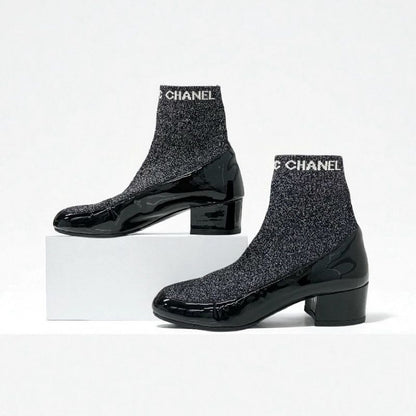 Chanel Boots Short Shoes Patent Fabric Black Silver Coco Mark Lame Sock