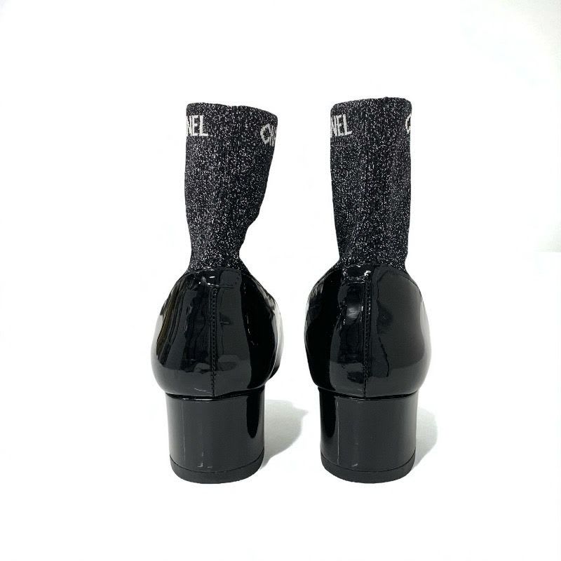 Chanel Boots Short Shoes Patent Fabric Black Silver Coco Mark Lame Sock