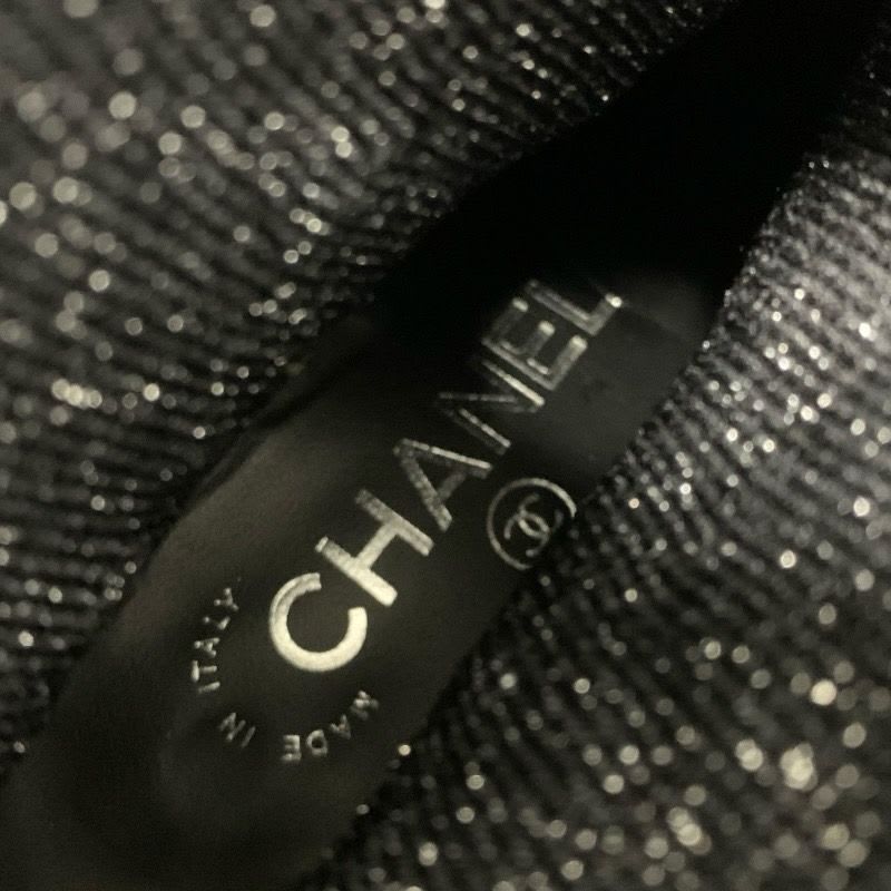 Chanel Boots Short Shoes Patent Fabric Black Silver Coco Mark Lame Sock