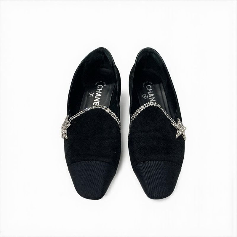 Chanel Flat Shoes Suede Fabric Black Opera Star Bijou Rhinestone