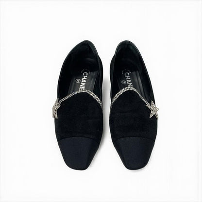 Chanel Flat Shoes Suede Fabric Black Opera Star Bijou Rhinestone
