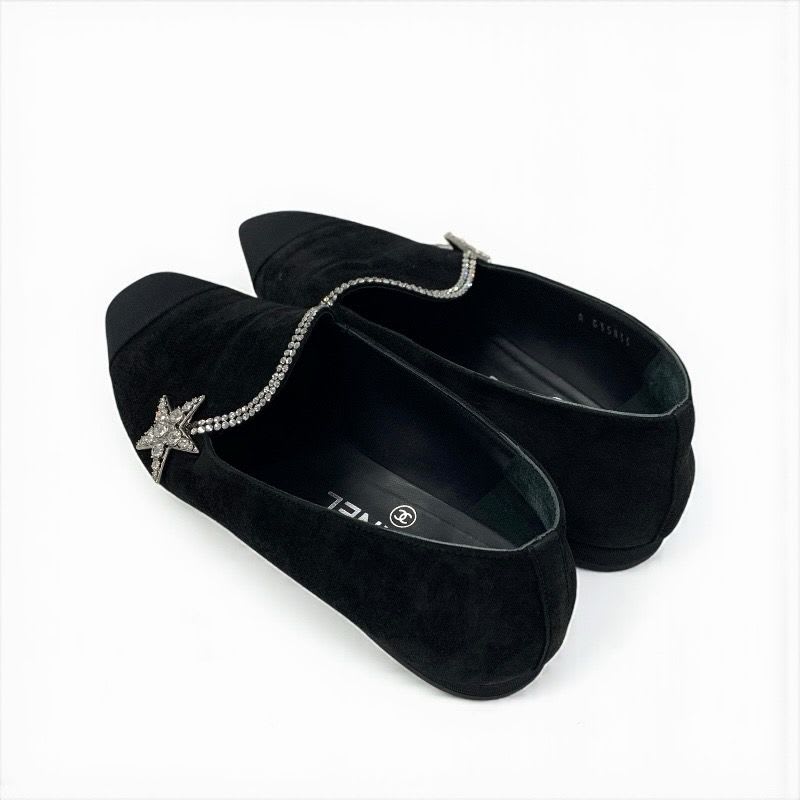 Chanel Flat Shoes Suede Fabric Black Opera Star Bijou Rhinestone
