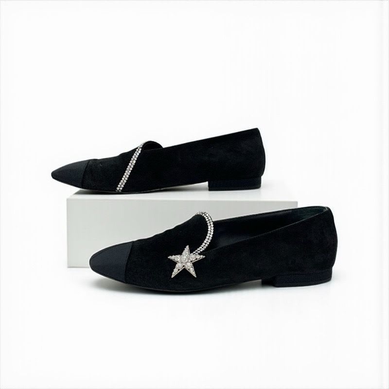 Chanel Flat Shoes Suede Fabric Black Opera Star Bijou Rhinestone