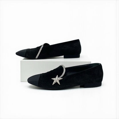 Chanel Flat Shoes Suede Fabric Black Opera Star Bijou Rhinestone