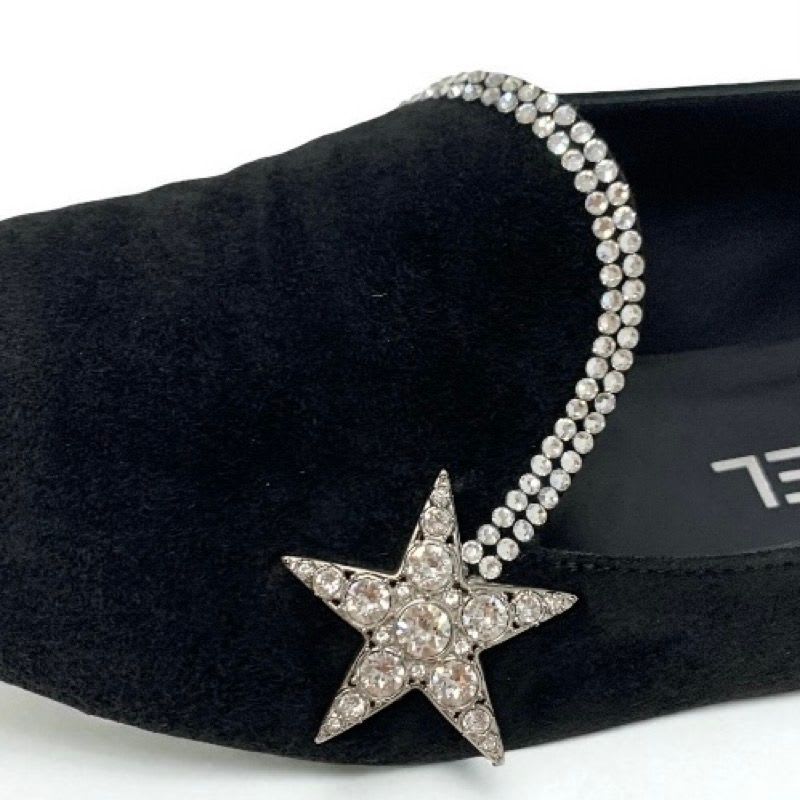Chanel Flat Shoes Suede Fabric Black Opera Star Bijou Rhinestone