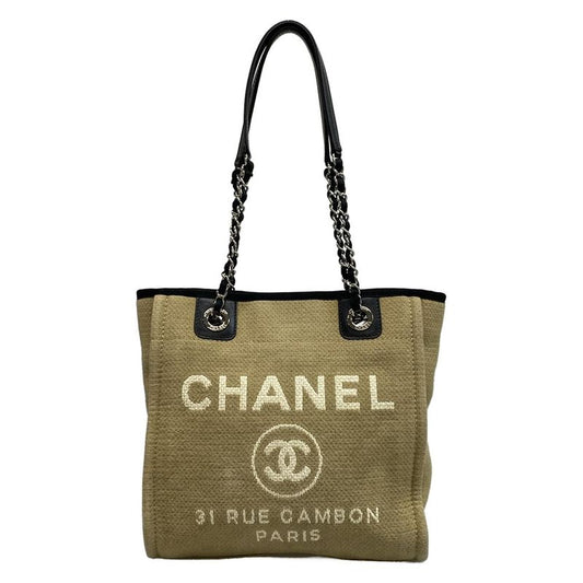 Chanel Tote Bag Deauville Line PM Beige and Black Chain Shoulder Silver
