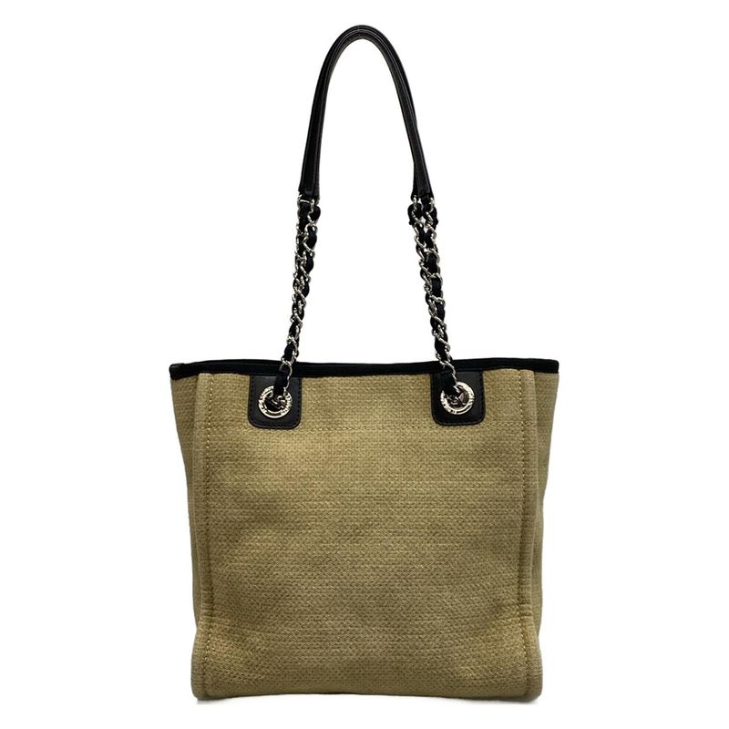 Chanel Tote Bag Deauville Line PM Beige and Black Chain Shoulder Silver