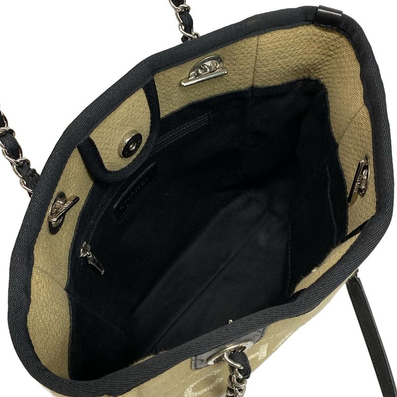 Chanel Tote Bag Deauville Line PM Beige and Black Chain Shoulder Silver