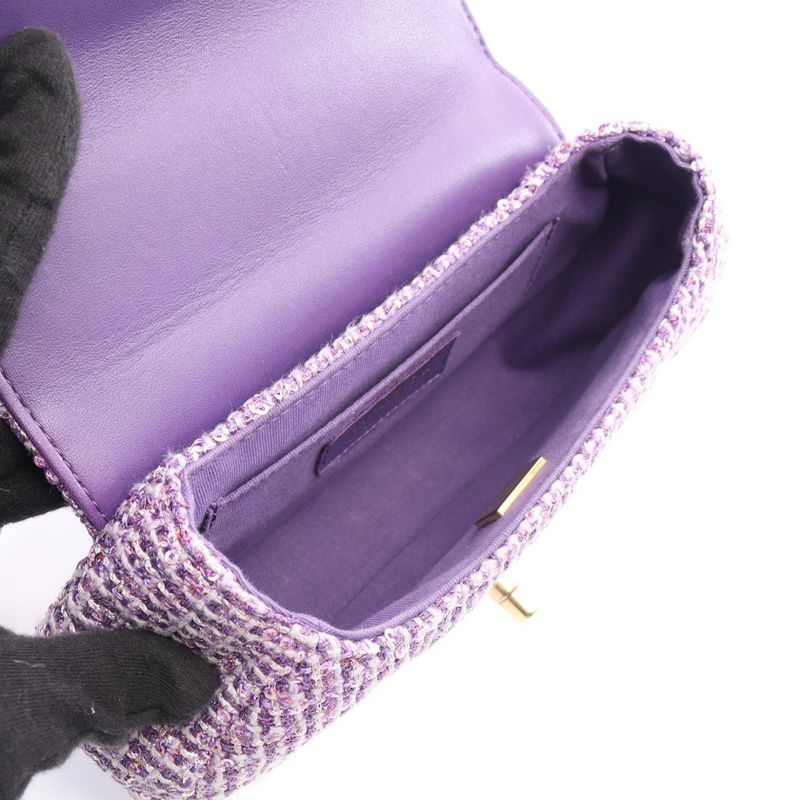Chanel Shoulder Bag Matelasse Top Handle Purple Fabric Top Handle Matelasse