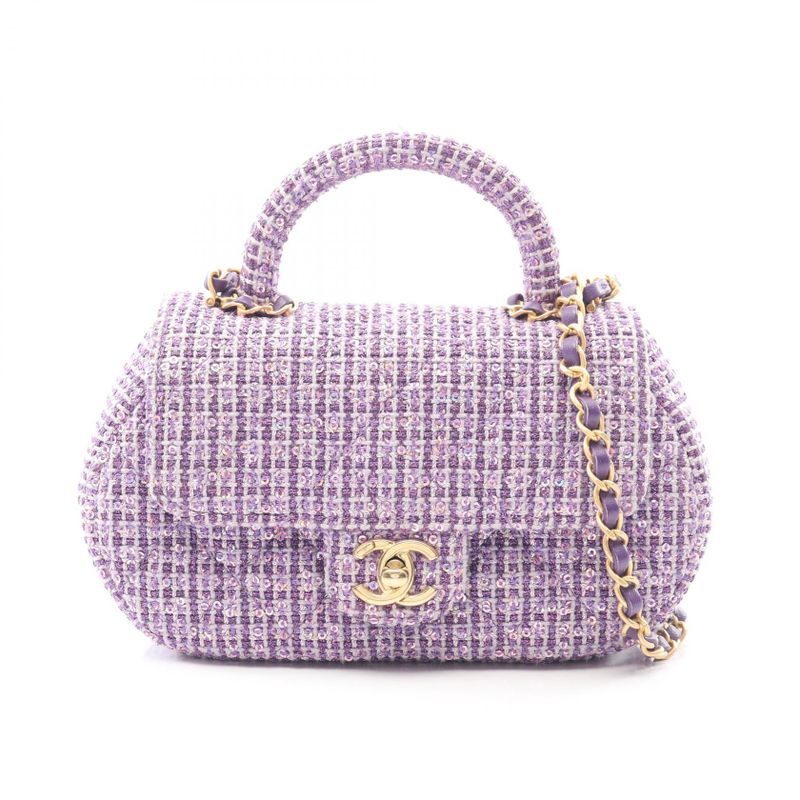 Chanel Shoulder Bag Matelasse Top Handle Purple Fabric Top Handle Matelasse