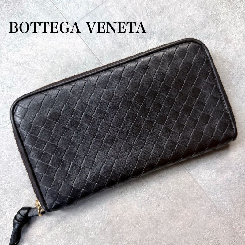 Bottega Veneta Round Zipper Long Wallet Intrecciato Dark Brown Leather Men