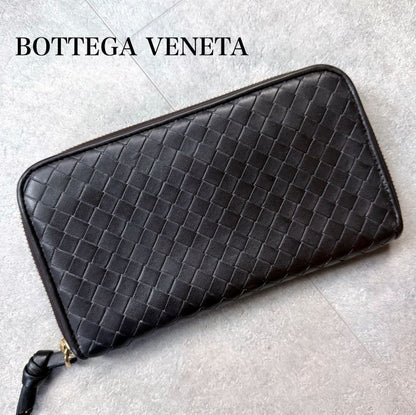 Bottega Veneta Round Zipper Long Wallet Intrecciato Dark Brown Leather Men