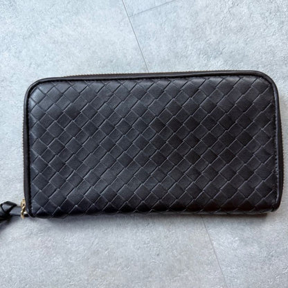 Bottega Veneta Round Zipper Long Wallet Intrecciato Dark Brown Leather Men