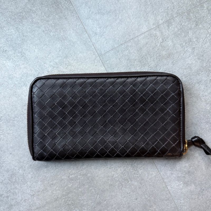Bottega Veneta Round Zipper Long Wallet Intrecciato Dark Brown Leather Men