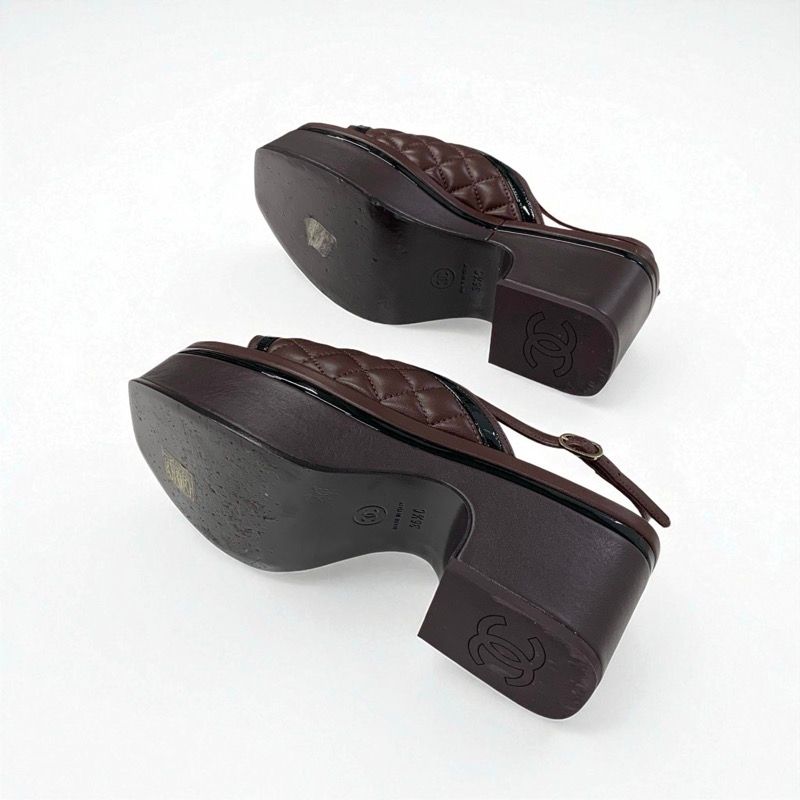 Chanel Sandals Shoes Leather Brown Black Coco Mark Matelasse Ring Bag