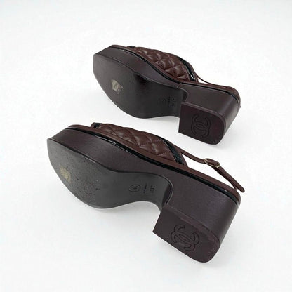 Chanel Sandals Shoes Leather Brown Black Coco Mark Matelasse Ring Bag