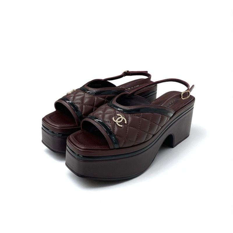 Chanel Sandals Shoes Leather Brown Black Coco Mark Matelasse Ring Bag