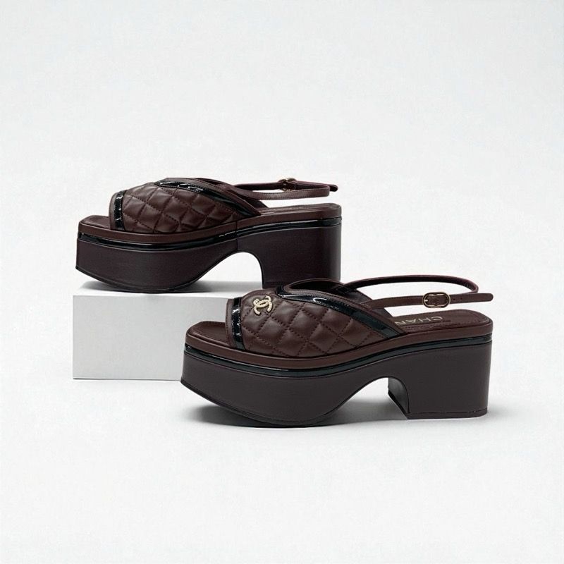 Chanel Sandals Shoes Leather Brown Black Coco Mark Matelasse Ring Bag