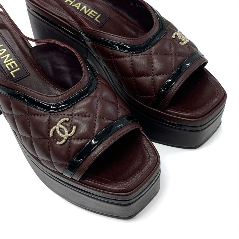 Chanel Sandals Shoes Leather Brown Black Coco Mark Matelasse Ring Bag